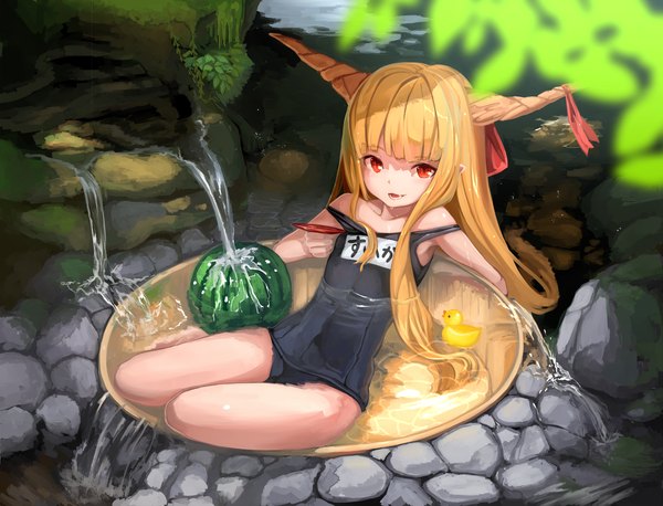 Anime picture 1330x1017 with touhou ibuki suika yes warabi single long hair looking at viewer open mouth blonde hair smile red eyes horn (horns) loli girl swimsuit water food one-piece swimsuit berry (berries) school swimsuit watermelon