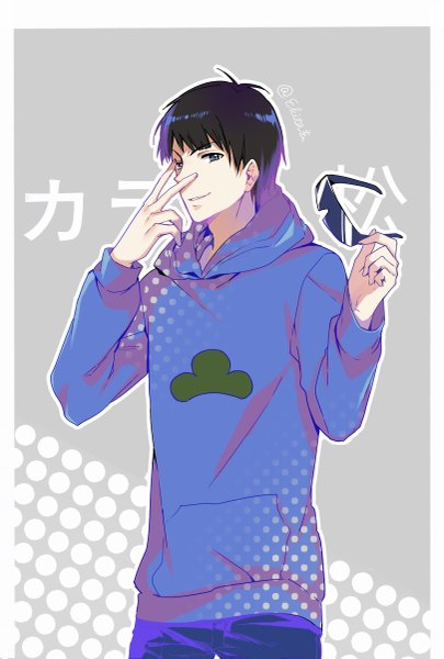 Anime picture 811x1200 with osomatsu-san matsuno karamatsu ekita xuan single tall image looking at viewer short hair blue eyes black hair simple background smile signed ahoge grey background character names hand on face sunglasses removed boy hood sunglasses