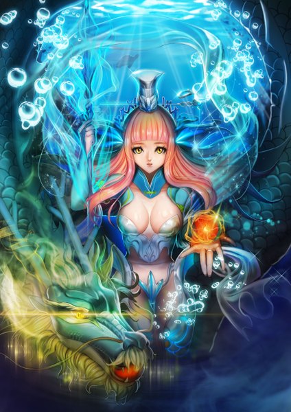 Anime picture 3500x4951 with original silvester single long hair tall image looking at viewer highres light erotic yellow eyes absurdres red hair magic underwater fantasy girl staff dragon