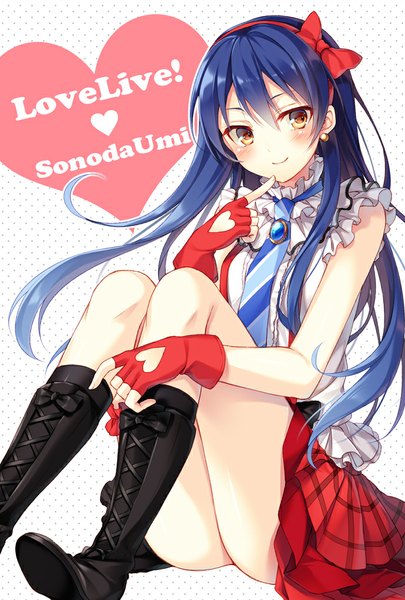 Anime picture 689x1020 with love live! school idol project sunrise (studio) love live! sonoda umi toosaka asagi single long hair tall image blush light erotic smile sitting brown eyes blue hair looking away girl dress gloves boots heart