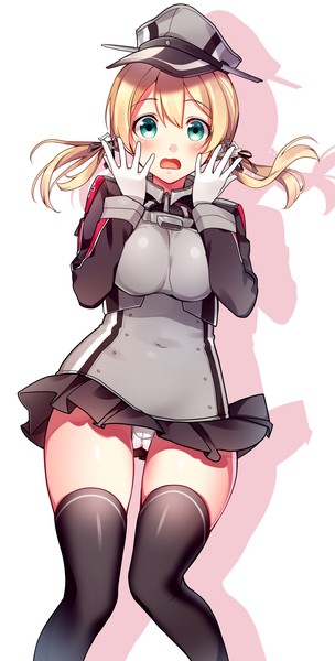Anime picture 822x1619 with kantai collection prinz eugen (kantai collection) kat (bu-kunn) single long hair tall image looking at viewer blush breasts open mouth light erotic simple background blonde hair large breasts standing white background twintails green eyes pleated skirt shadow