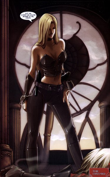 Anime picture 1248x2000 with devil may cry capcom dante (devil may cry) trish long hair tall image open mouth blonde hair standing bare shoulders scan bare belly looking down smoke demon girl demon lightning girl boy navel