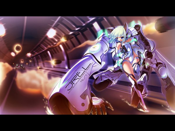 Anime picture 1600x1200 with original torisan fringe short hair open mouth blue eyes light erotic bare shoulders animal ears looking away looking back green hair cat ears wallpaper mecha musume girl gloves elbow gloves gun thigh boots