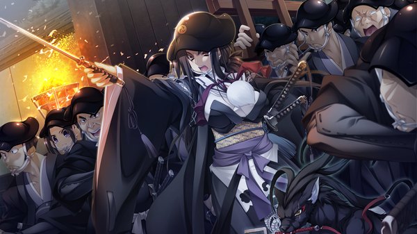 Anime picture 1280x720 with appare! tenka gomen katagiri hinata long hair open mouth black hair wide image brown eyes game cg traditional clothes girl boy weapon hat sword katana