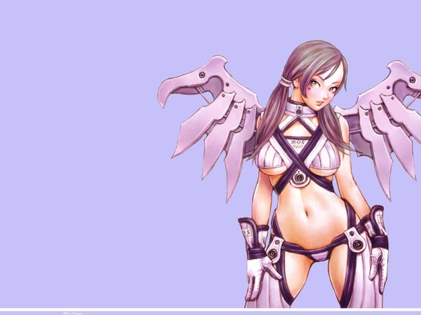 Anime picture 1600x1200 with yamashita shunya light erotic purple background mechanical wings wings