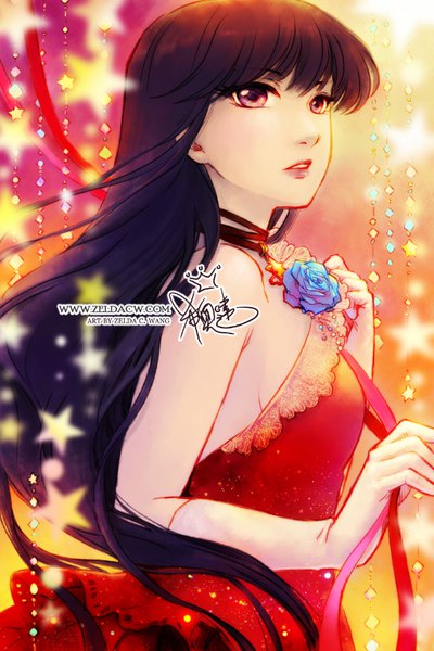 Anime picture 540x810 with bishoujo senshi sailor moon toei animation hino rei zelda c. wang single long hair tall image fringe black hair red eyes purple eyes holding signed purple hair upper body lips sparkle depth of field lipstick turning head