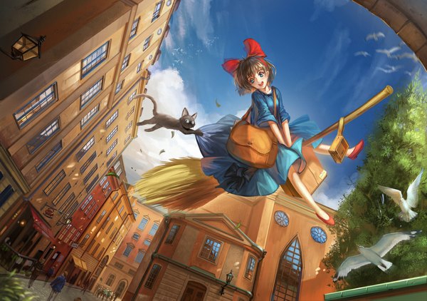 Anime picture 1000x704 with kiki's delivery service studio ghibli kiki jiji saber 01 short hair blue eyes brown hair sky cloud (clouds) city witch girl dress bow hair bow animal bird (birds) cat bag