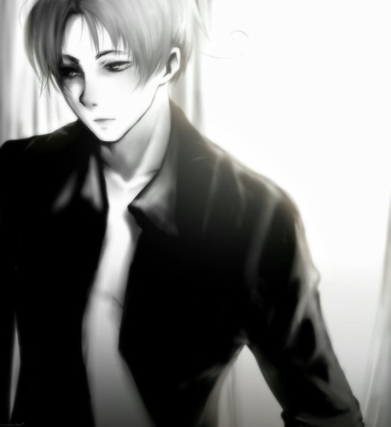 Anime picture 2893x3157 with axis powers hetalia studio deen north italy (hetalia) kitsuko-chan-chi-x3 single tall image highres short hair looking away ahoge open clothes open shirt monochrome boy