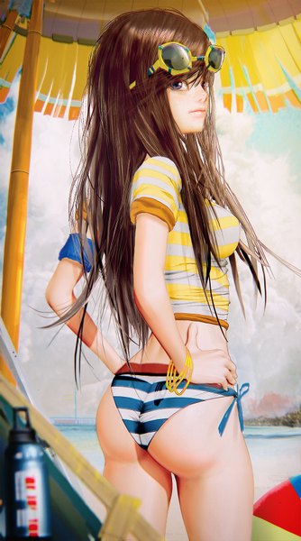 Anime picture 1000x1793 with original cursedapple single long hair tall image looking at viewer fringe breasts blue eyes light erotic smile brown hair standing sky cloud (clouds) ass looking back lips sunlight realistic