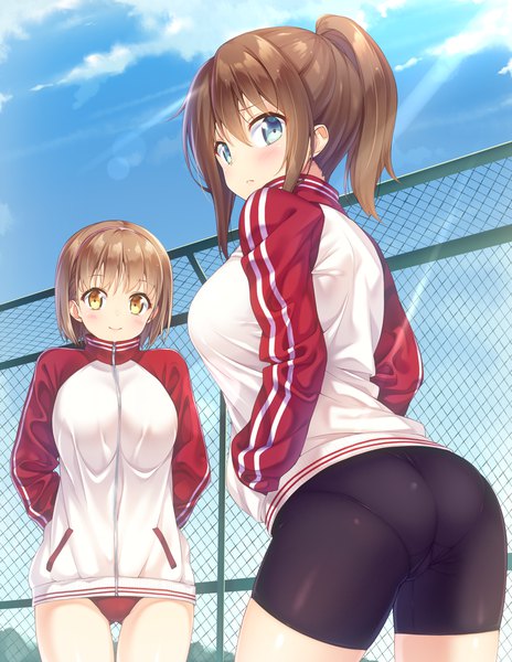 Anime picture 929x1200 with original ichi makoto tall image looking at viewer blush fringe short hair blue eyes light erotic hair between eyes brown hair multiple girls yellow eyes sky cloud (clouds) ass ponytail looking back ass visible through thighs hands behind back