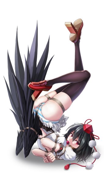 Anime picture 1996x3508 with touhou shameimaru aya shinebell single tall image looking at viewer highres short hair light erotic black hair simple background red eyes white background hands behind back black wings bondage top-down bottom-up restrained girl thighhighs
