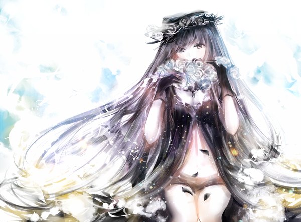 Anime picture 1150x850 with original yin (pixivid=620750) single long hair looking at viewer sky grey hair grey eyes partially open clothes glow girl gloves navel flower (flowers) hat black gloves shorts