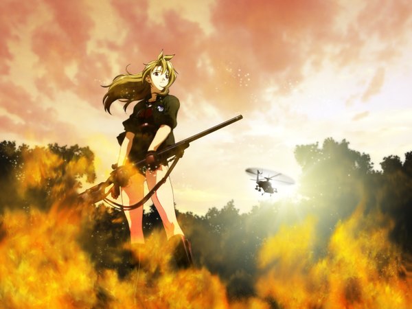 Anime picture 1600x1200 with madlax madlax (character) highres wallpaper girl gun fire rifle sniper rifle helicopter gunship