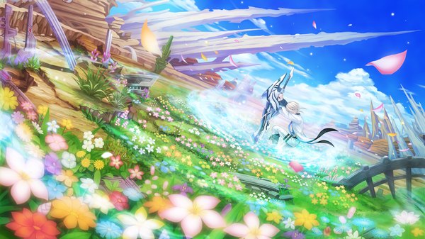 Anime picture 1280x720 with fairy fencer f sherman (fairy fencer f) shalman (fairy fencer f) tsunako single short hair wide image game cg sky cloud (clouds) white hair magic ruins boy uniform flower (flowers) weapon plant (plants) petals sword