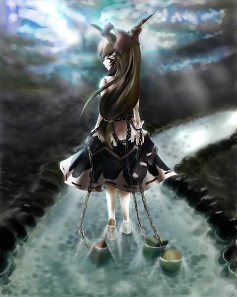 Anime picture 2000x2500 with touhou ibuki suika asparagus (peaceibakei) single long hair tall image highres brown hair profile looking back horn (horns) from behind black eyes partially submerged low ponytail walking river girl bow hair bow