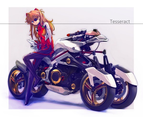 Anime picture 1215x1000 with neon genesis evangelion gainax soryu asuka langley boyaking(sbf) single long hair looking at viewer blue eyes smile sitting orange hair alternate costume girl bodysuit eyepatch motorcycle