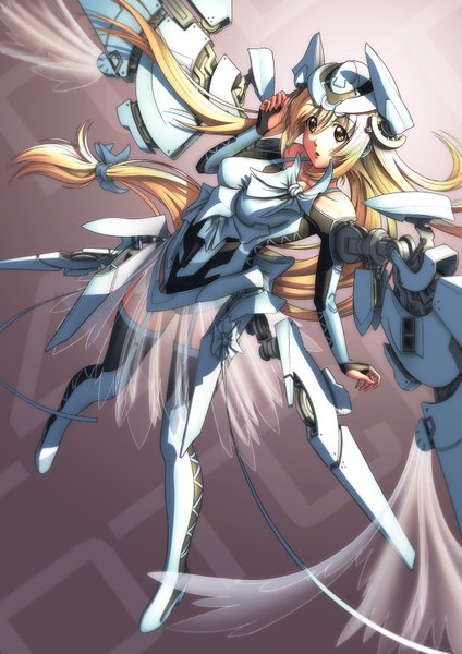 Anime picture 1240x1754 with original pinakes single tall image looking at viewer blonde hair brown eyes very long hair mechanical wings girl wings garter straps