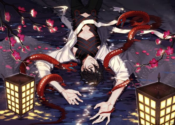 Anime picture 1200x862 with original gearous single fringe short hair black hair hair between eyes lying eyes closed arm up night open jacket partially submerged bondage bound hands plum blossoms afloat boy flower (flowers) animal