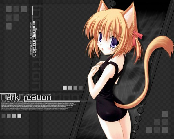 Anime picture 1280x1024 with looking at viewer short hair open mouth purple eyes animal ears tail animal tail looking back cat girl two side up black x pink girl ribbon (ribbons) swimsuit hair ribbon one-piece swimsuit school swimsuit