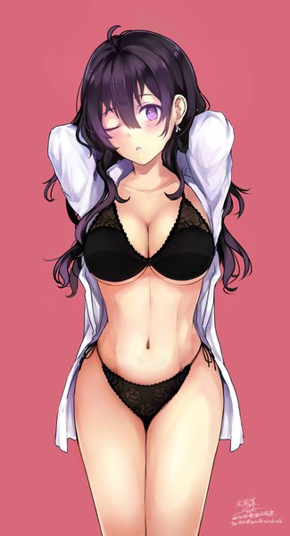 Anime picture 1950x3600 with original miyaura sanshio beifeng han single long hair tall image looking at viewer blush fringe highres breasts open mouth light erotic simple background hair between eyes large breasts standing purple eyes signed ahoge