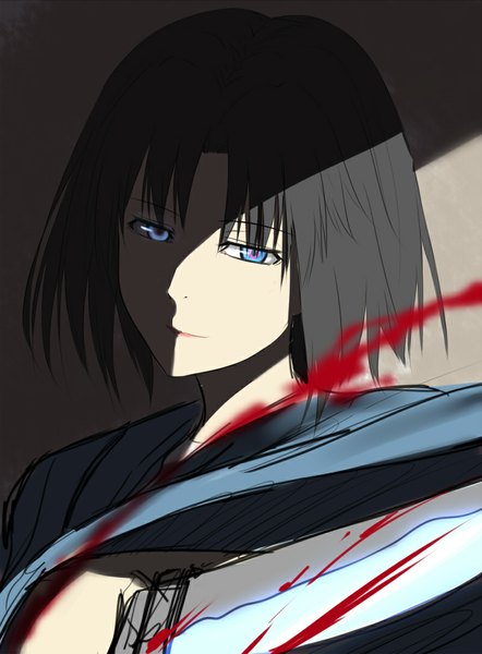 Anime picture 800x1085 with kara no kyoukai type-moon ryougi shiki isshiki (ffmania7) single tall image looking at viewer short hair blue eyes black hair head tilt grey background shadow portrait girl blood knife hand