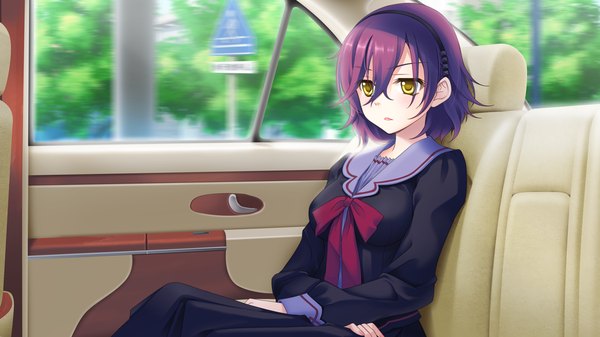 Anime picture 1280x720 with astraythem ginta single fringe short hair hair between eyes wide image sitting yellow eyes game cg purple hair girl dress hairband