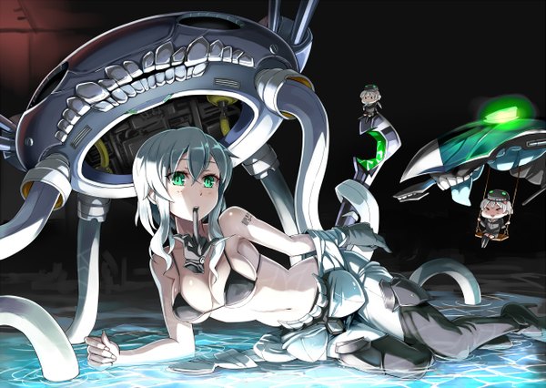 Anime picture 1291x918 with kantai collection wo-class aircraft carrier fairy (kantai collection) emerane long hair looking at viewer breasts light erotic multiple girls holding green eyes lying grey hair bare belly tattoo mouth hold on side undressing pale skin shinkaisei-kan