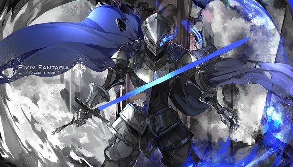 Anime picture 2000x1143 with original pixiv fantasia pixiv fantasia fallen kings saberiii single looking at viewer highres wide image inscription glowing glowing eye (eyes) knight weapon sword armor cape helmet
