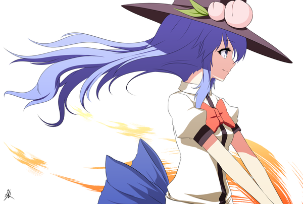 Anime picture 1480x1000 with touhou hinanawi tenshi aono meri single long hair blue eyes simple background smile white background signed purple hair profile wind girl hat fruit peach