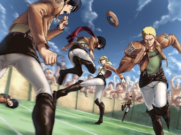 Anime picture 1400x1050 with shingeki no kyojin production i.g mikasa ackerman eren yaeger annie leonhart bertolt hoover ymir (shingeki no kyojin) reiner braun titan (shingeki no kyojin) dn short hair open mouth blue eyes blonde hair brown hair standing multiple girls green eyes sky cloud (clouds)