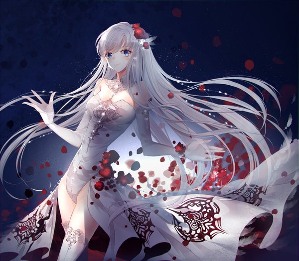 Anime picture 3047x2663 with original baocaizi single looking at viewer highres blue eyes light erotic absurdres cleavage white hair very long hair blue background girl thighhighs dress gloves hair ornament petals elbow gloves white gloves