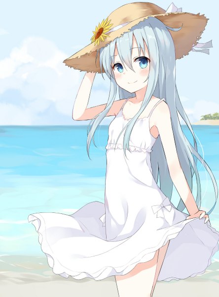 Anime picture 900x1214 with kantai collection hibiki destroyer huwari (dnwls3010) single long hair tall image blush fringe blue eyes smile hair between eyes standing bare shoulders holding payot looking away sky silver hair cloud (clouds) armpit (armpits)
