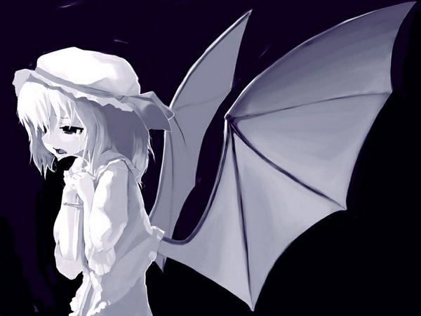 Anime picture 1024x768 with touhou remilia scarlet x6suke single short hair open mouth simple background looking away upper body tears black background monochrome bat wings girl hat wings bonnet knife