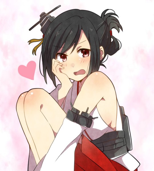 Anime picture 900x1000 with kantai collection yamashiro battleship yukichi (eikichi) single tall image blush short hair open mouth black hair simple background red eyes sitting bare shoulders looking away hand on cheek girl hair ornament detached sleeves heart
