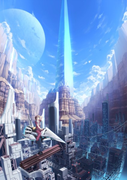 Anime picture 2000x2828 with ac (eshi) single tall image highres short hair brown hair sitting sky cloud (clouds) city cityscape hand on head futuristic girl building (buildings) planet aircraft tower