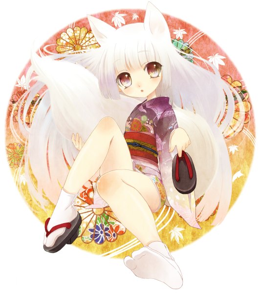 Anime picture 1067x1200 with original yukin (es) single long hair tall image looking at viewer blush sitting holding animal ears white hair tail traditional clothes japanese clothes fox ears fox tail soles multicolored eyes single shoe girl