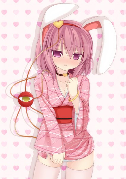 Anime picture 1003x1416 with touhou komeiji satori chimunge single tall image blush short hair animal ears pink hair japanese clothes pink eyes bunny ears girl thighhighs white thighhighs heart kimono obi eyeball