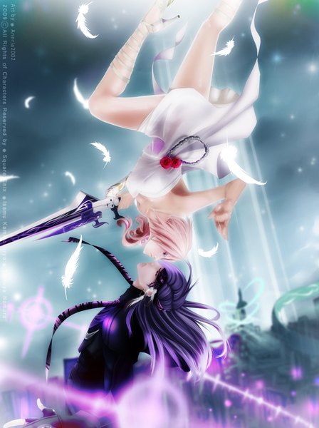 Anime picture 1600x2141 with final fantasy final fantasy xiii square enix lightning farron caius ballad annria2002 long hair tall image red eyes bare shoulders pink hair purple hair pink eyes lips realistic night night sky lipstick light face to face