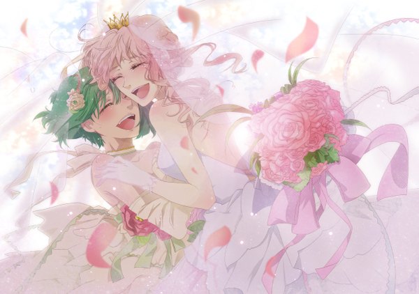 Anime picture 1207x850 with macross macross frontier sheryl nome ranka lee gen (enji) long hair blush short hair open mouth white background multiple girls pink hair eyes closed green hair girl dress gloves flower (flowers) 2 girls petals