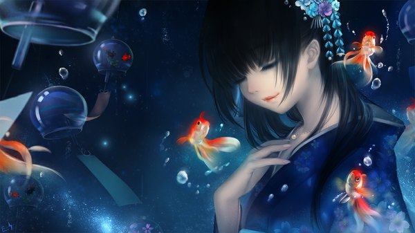 Anime picture 1000x562 with original erian single long hair fringe black hair smile wide image payot blunt bangs eyes closed traditional clothes japanese clothes light smile lips swimming girl hair ornament flower (flowers) plant (plants)