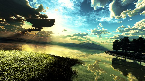 Anime picture 2000x1125 with original y-k highres wide image cloud (clouds) sunlight reflection horizon mountain landscape scenic lake plant (plants) tree (trees) water grass