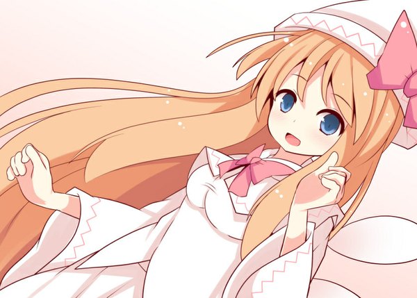 Anime picture 839x600 with touhou lily white beni shake single long hair looking at viewer blush fringe open mouth blue eyes simple background smile orange hair girl dress bow wings headdress cap clothes