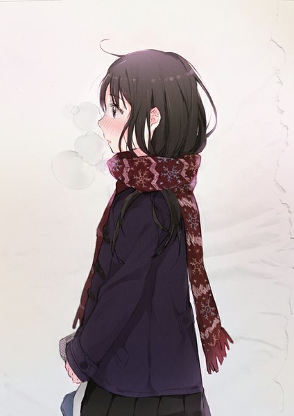 Anime picture 600x849 with original hym9594 single long hair tall image blush black hair white background ahoge parted lips profile winter exhalation girl scarf coat