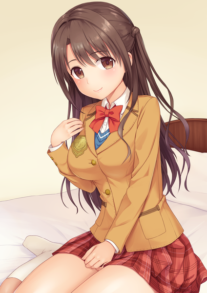 Anime picture 2894x4093 with idolmaster idolmaster cinderella girls shimamura uzuki n.g. single long hair tall image looking at viewer blush fringe highres smile hair between eyes brown hair sitting brown eyes payot indoors head tilt plaid skirt