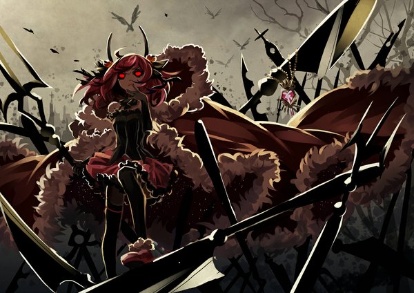 Anime picture 1100x778 with original pixiv fantasia pixiv pixiv fantasia sword regalia long hair fringe red eyes red hair horn (horns) dark skin glowing finger to mouth dark background glowing eye (eyes) flying bare tree skirt weapon plant (plants) animal