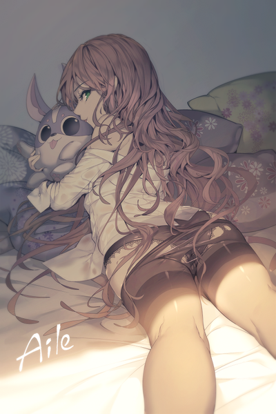 Anime picture 600x900 with original aile (crossroads) single long hair tall image light erotic brown hair green eyes signed lying looking back from behind shadow hug wavy hair revision girl thighhighs underwear panties