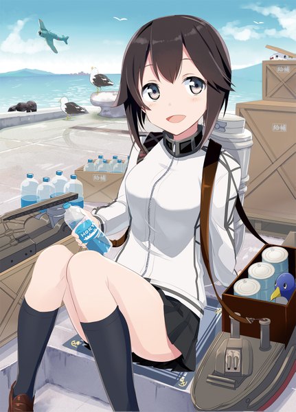 Anime picture 1323x1839 with kantai collection hayasui fleet oiler gotyou ayuyanaka no hito single tall image blush short hair open mouth black hair smile sitting sky cloud (clouds) pleated skirt grey eyes girl skirt animal socks