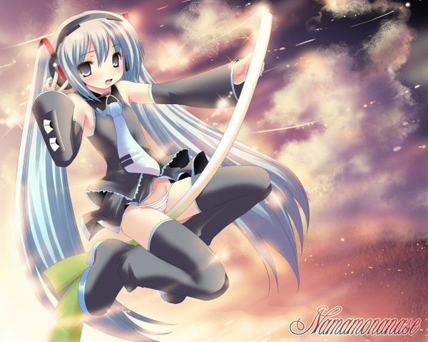 Anime picture 1280x1024 with vocaloid hatsune miku namamo nanase single long hair blush light erotic twintails blue hair sky full body girl underwear panties serafuku headphones leek