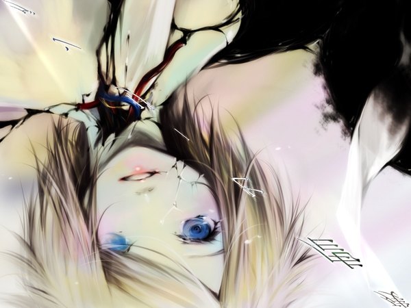 Anime picture 800x600 with vocaloid kagamine rin umu single blush open mouth blue eyes blonde hair tears broken girl