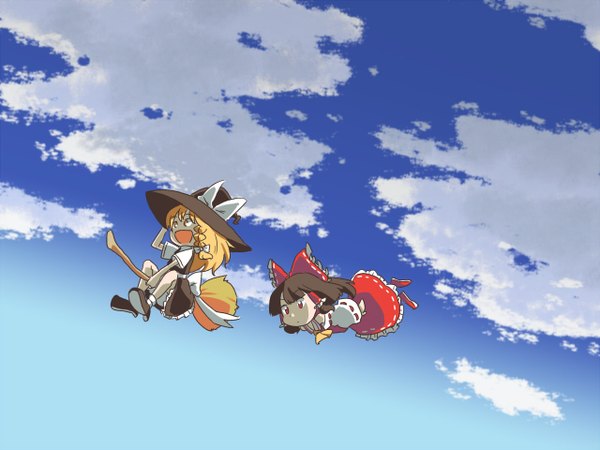 Anime picture 1280x960 with touhou hakurei reimu kirisame marisa hachi (8bit canvas) sky flying chibi girl broom